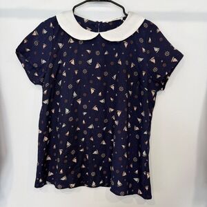 Jessy B Nautical Sailboat Print Peter Pan Collar Blouse Top M Coastal Preppy